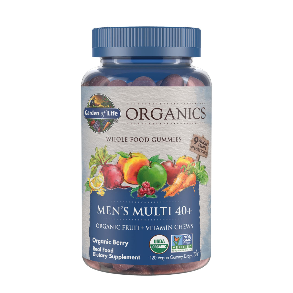 Garden of Life Organics Men 40+ Multi Gummies bottle offers organic berry vitamins for daily wellness.
