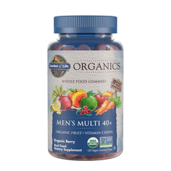 Garden of Life Organics Men 40+ Multi Gummies bottle offers organic berry vitamins for daily wellness.