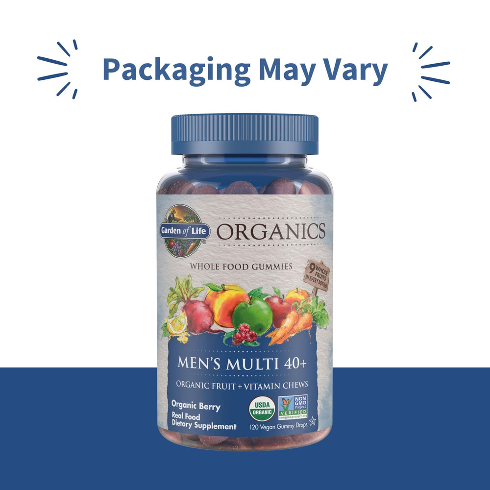Close-up of Garden of Life Organics Men 40+ berry gummies showing natural ingredients.