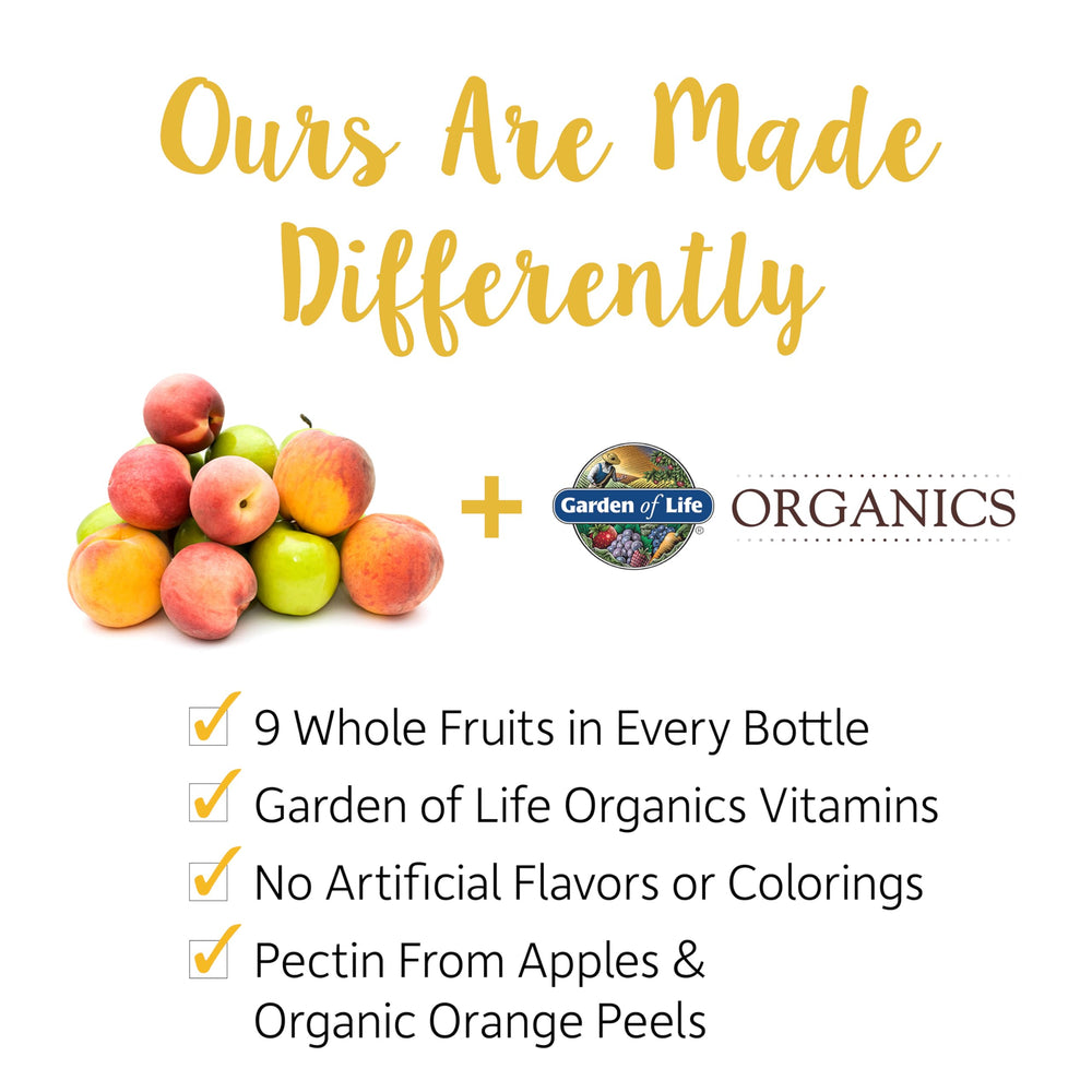 Nine organic fruits in Garden of Life Organics Men 40+ gummies for whole-food nutrition.