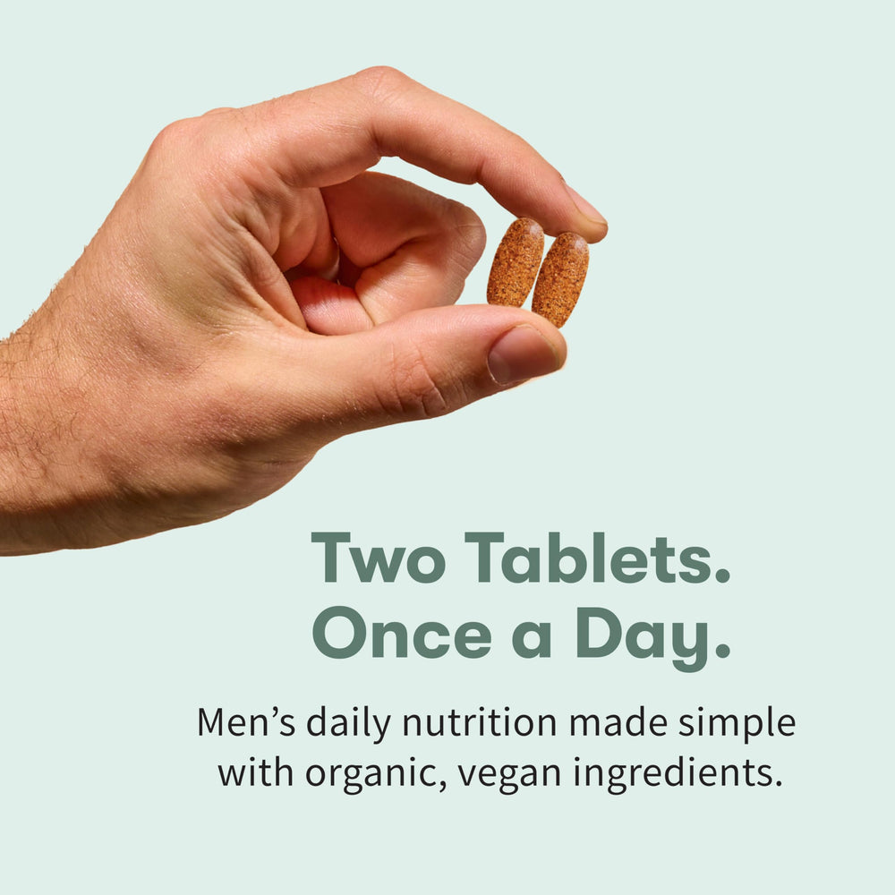 Top view of Garden of Life Organics Men's 40+ bottle highlighting packaging design.