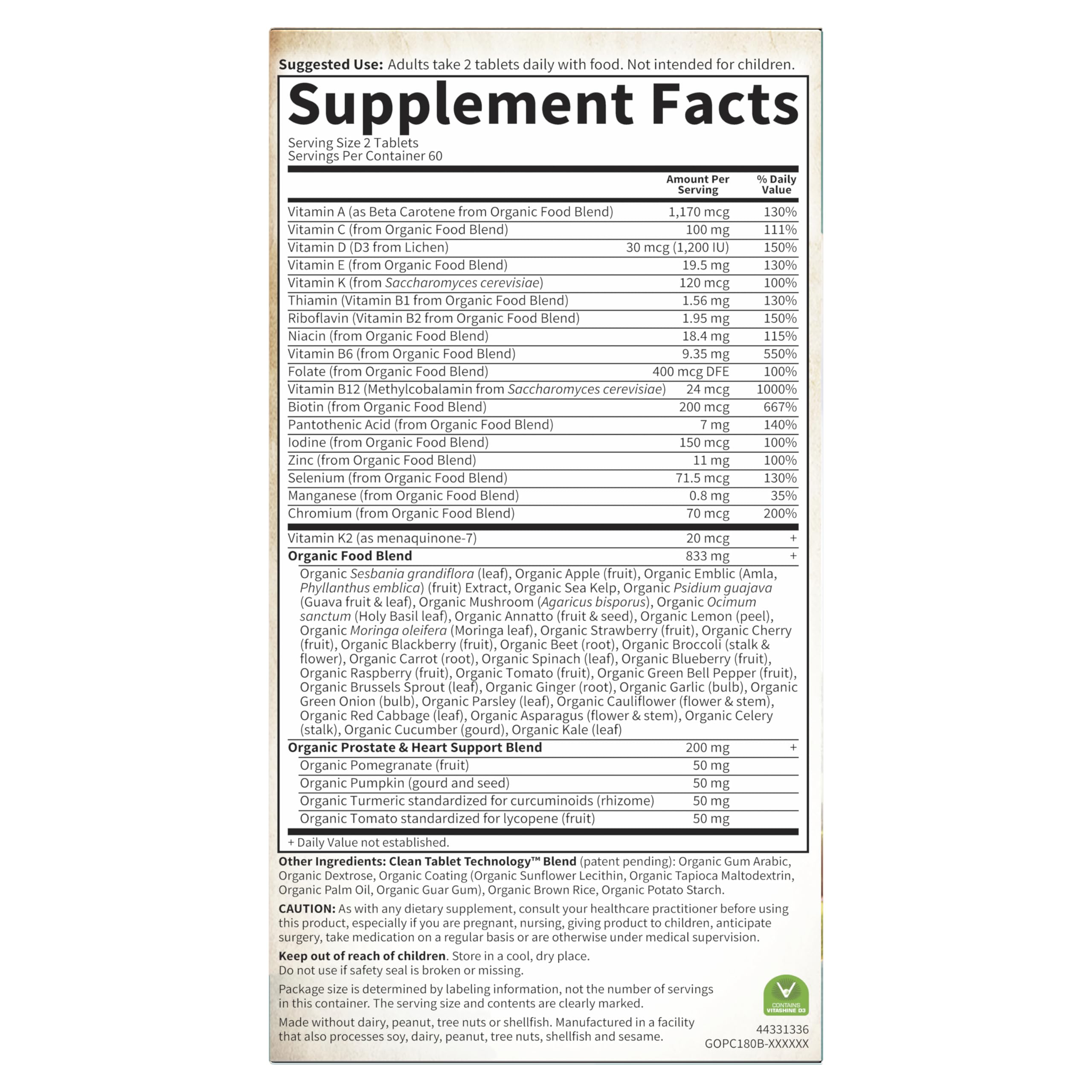 Dosage illustration for Garden of Life Organics Men's 40+ showing two tablets daily.