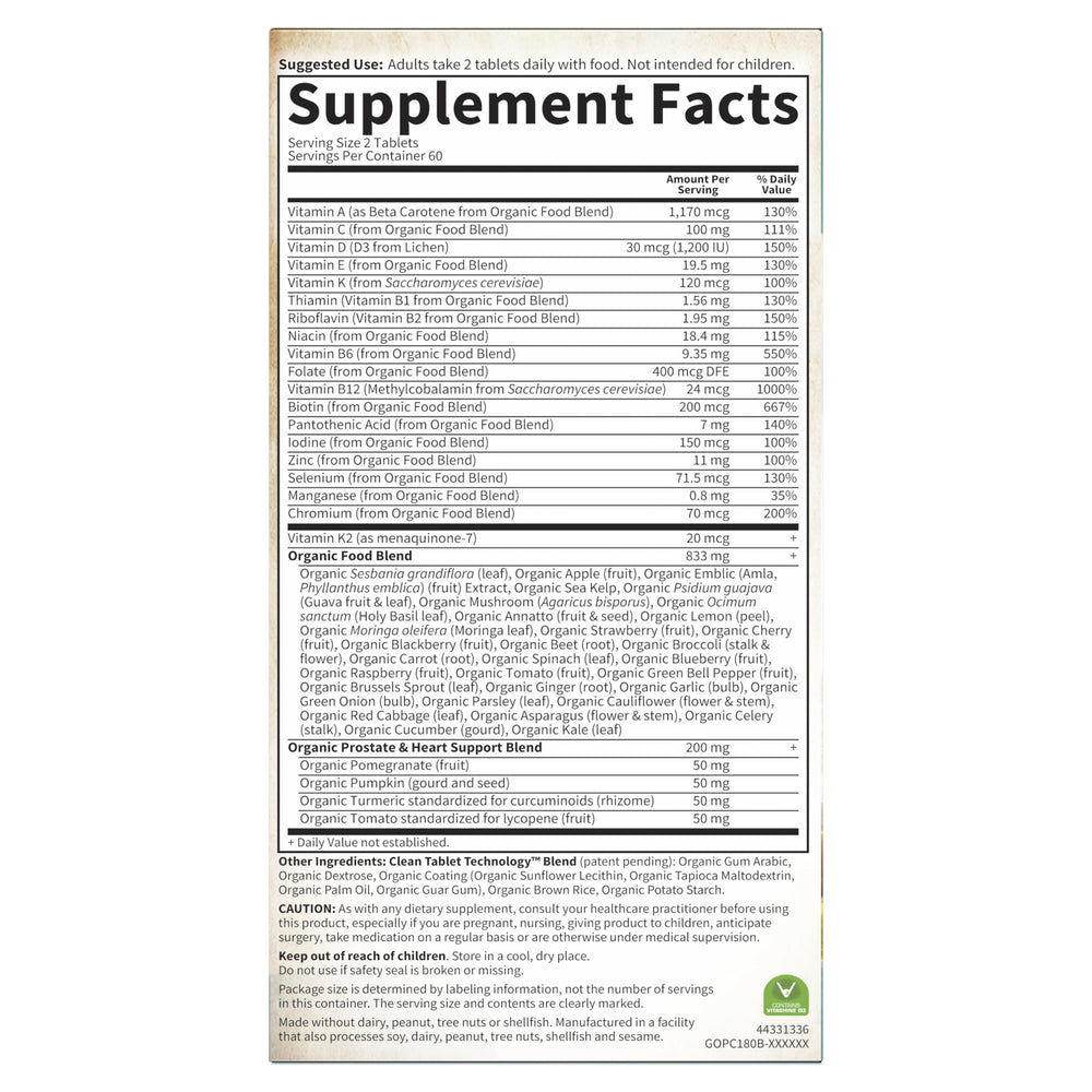 Dosage illustration for Garden of Life Organics Men's 40+ showing two tablets daily.