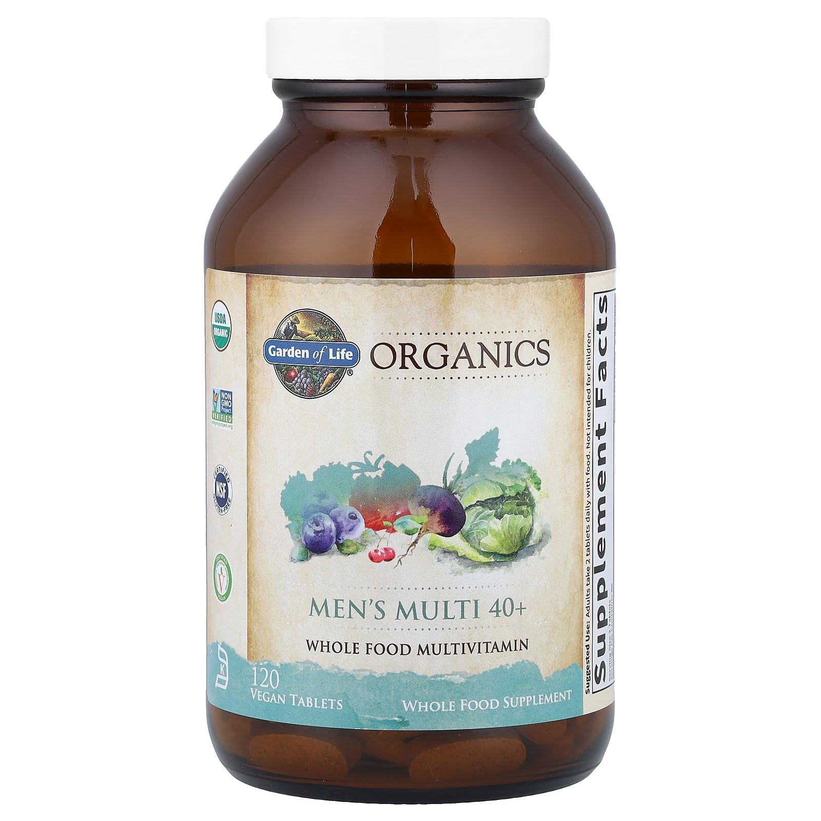 Ingredients list for Garden of Life Organics Men's 40+ emphasizing organic fruits and vegetables.
