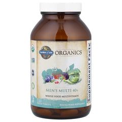 Ingredients list for Garden of Life Organics Men's 40+ emphasizing organic fruits and vegetables.