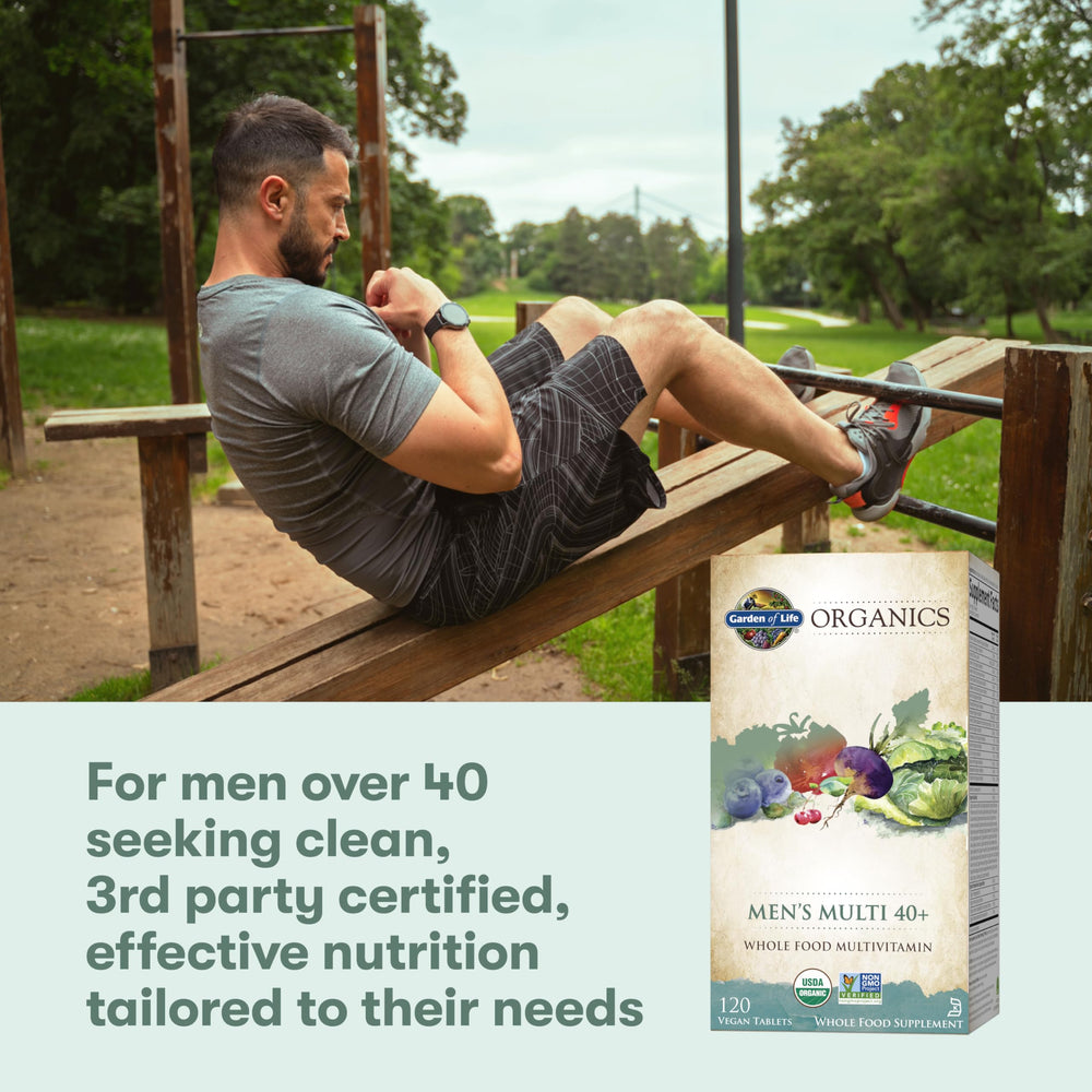 Visual of organic-fruit-and-vegetable ingredients used in Garden of Life Organics Men's 40+.