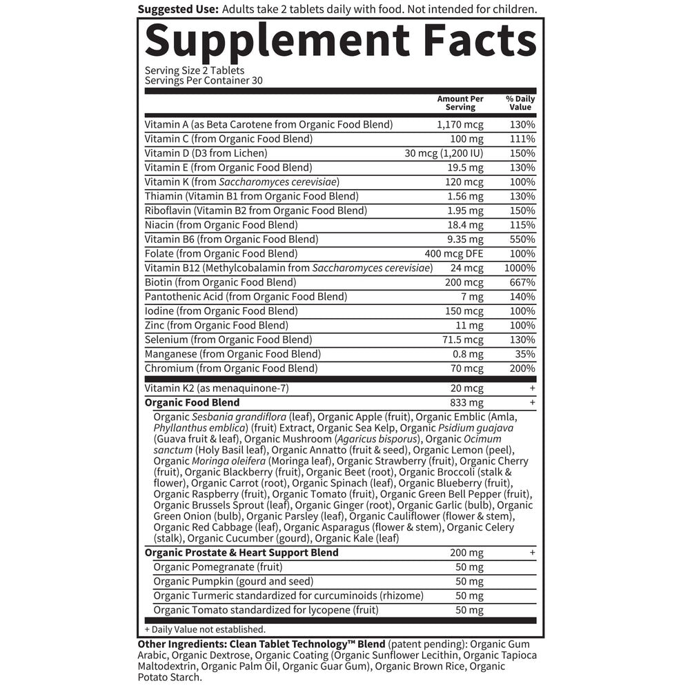 Garden of Life Organics Men's 40+ Multivitamin two-tablet daily dosage.