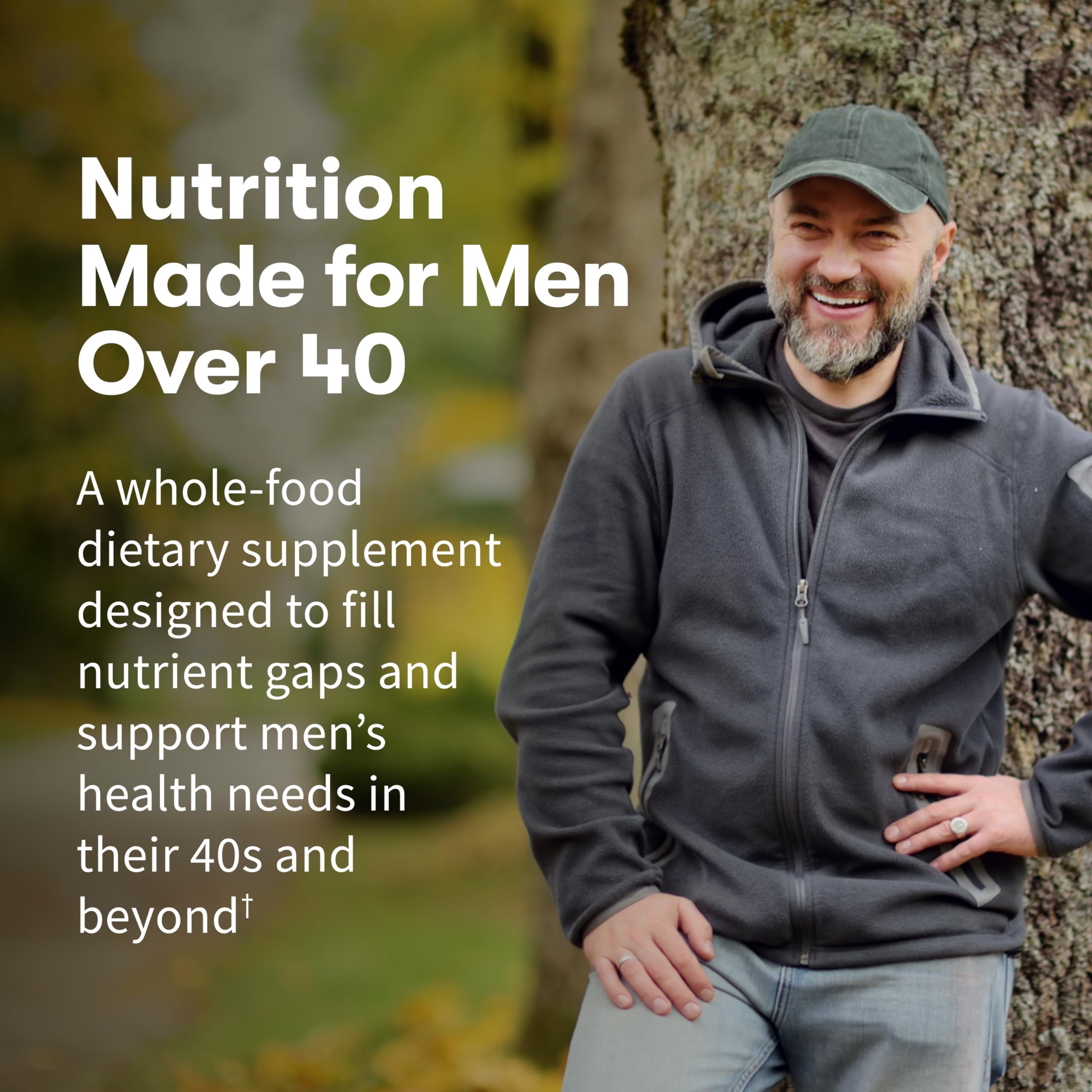 Close-up of Garden of Life Organics Men's 40+ tablets highlighting methylcobalamin B12 content.