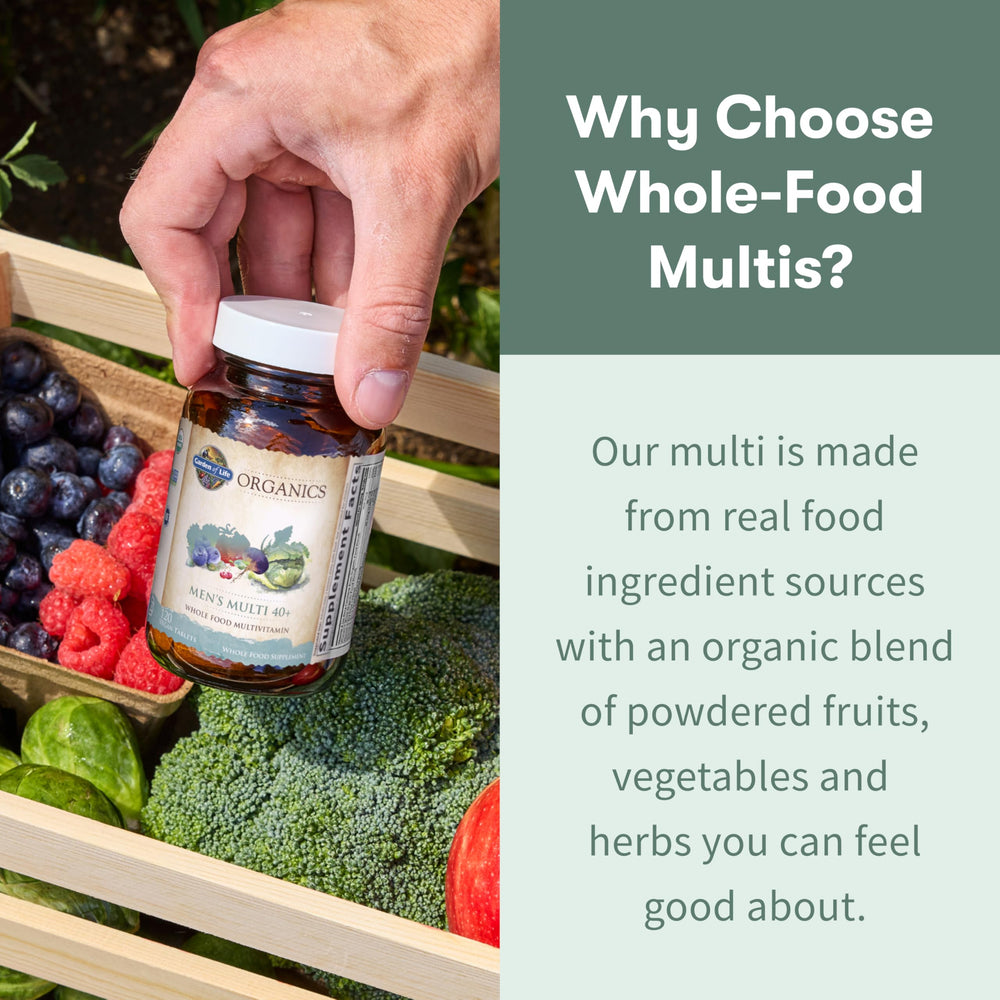 Label of Garden of Life Organics Men's 40+ showing key vitamins and DV values.