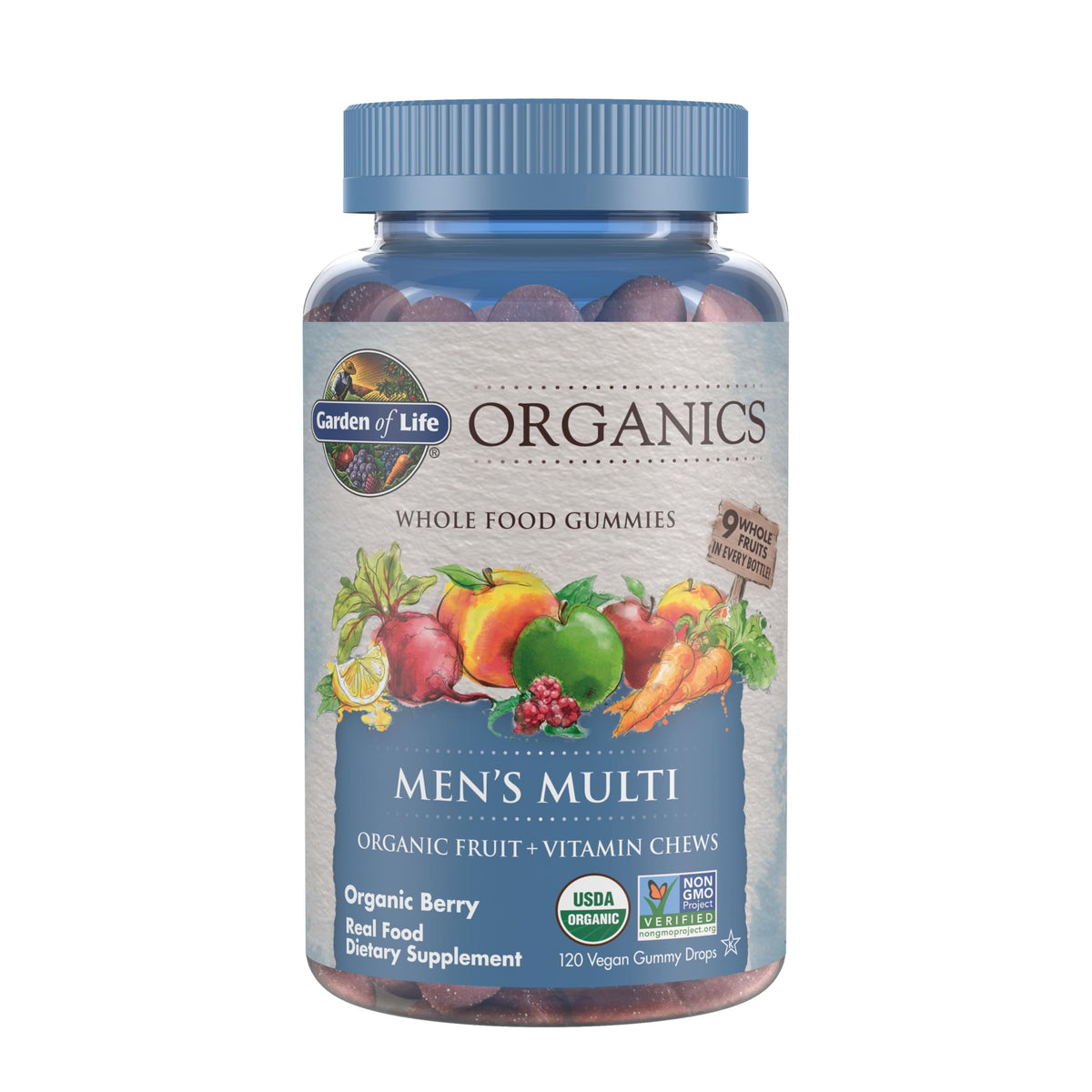 Garden of Life Organics Men's Gummy Vitamins bottle shows berry flavor for daily wellness