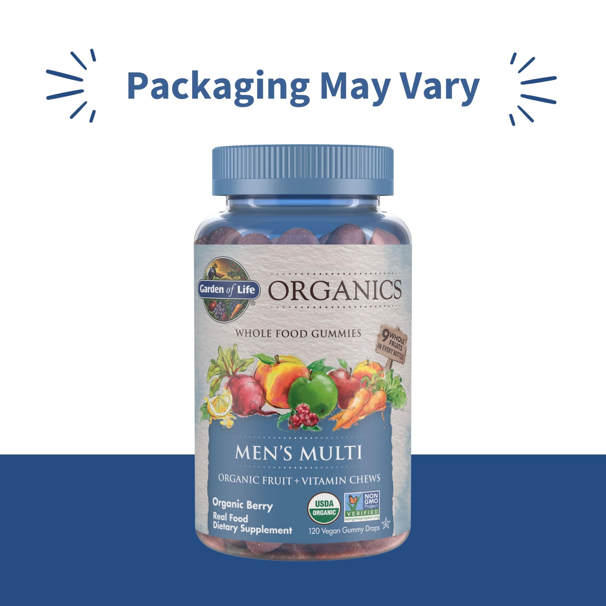Close-up of Garden of Life Organics Men's Gummy Vitamins gummies in berry flavor