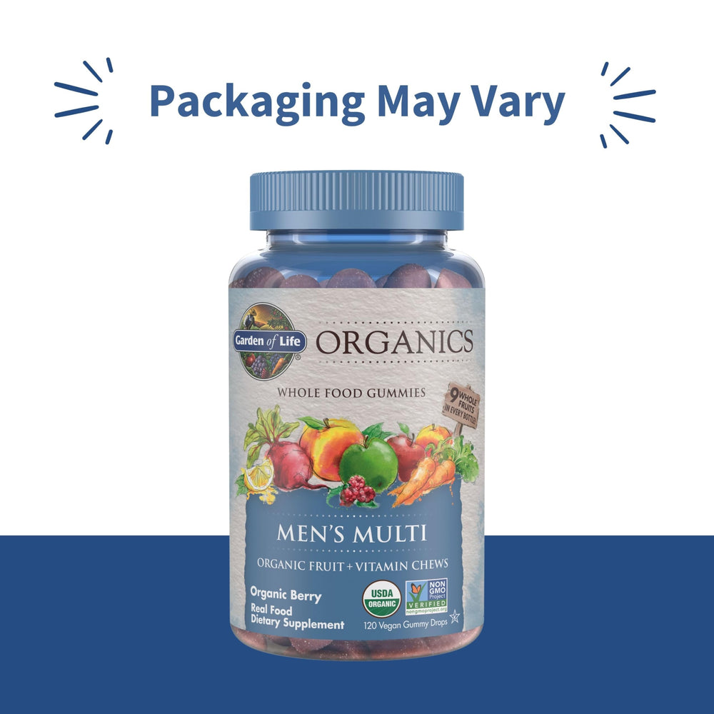 Close-up of Garden of Life Organics Men's Gummy Vitamins gummies in berry flavor