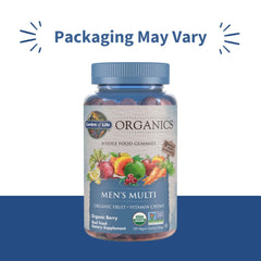 Close-up of Garden of Life Organics Men's Gummy Vitamins gummies in berry flavor