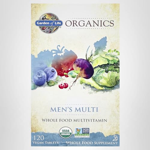 Label highlights 120 tablets per bottle for Garden of Life Organics Men's Multi
