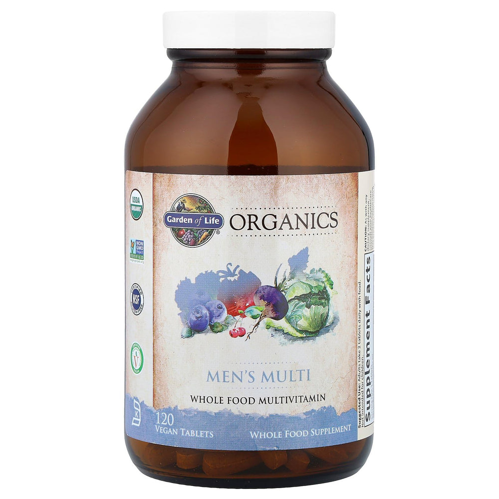 Close-up of Garden of Life Organics Men's Multi tablets, easy to swallow