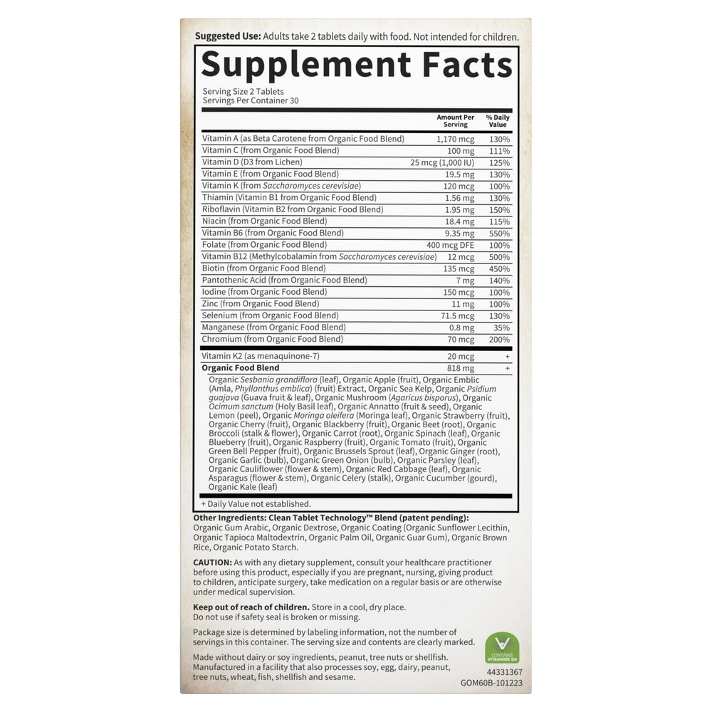 Garden of Life Organics Men's Multivitamin facts panel shows 60 tablets.