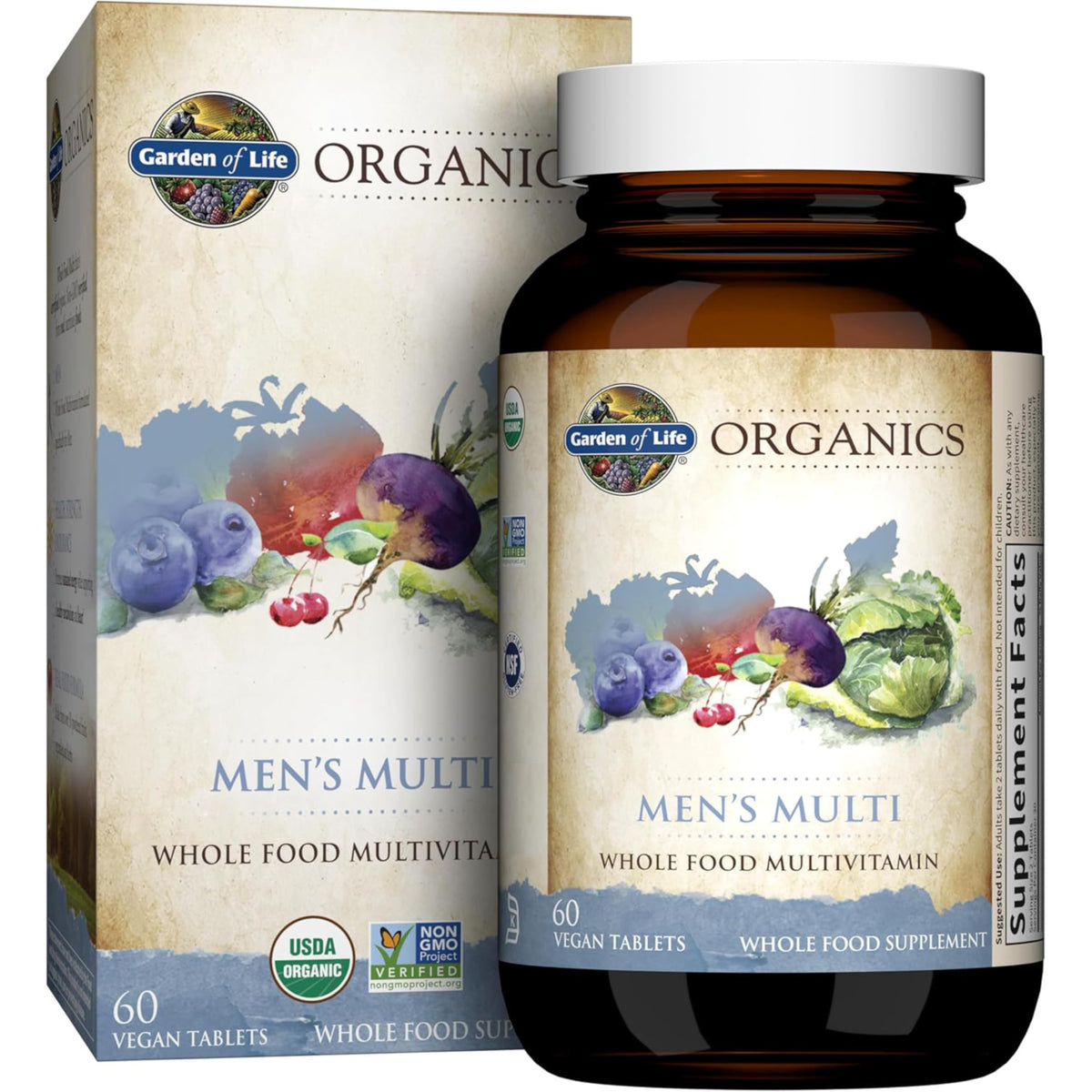 Garden of Life Organics Men's Multivitamin bottle front highlights organic ingredients for daily wellness.