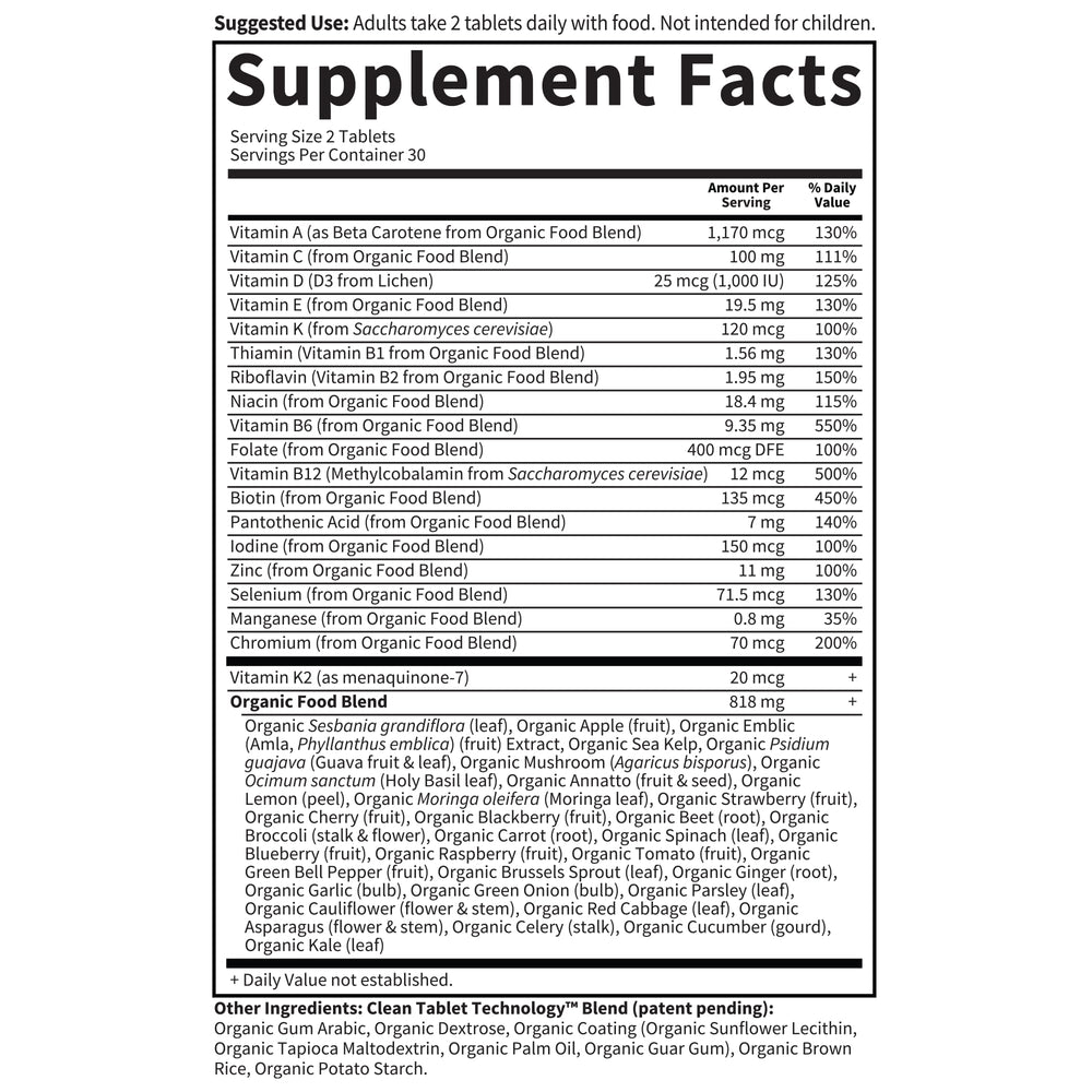Garden of Life Organics Men's Multivitamin tablets with meals imagery, suggesting easy daily use.