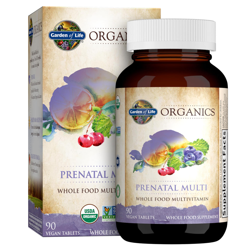 Garden of Life Organics Prenatal bottle close-up may support energy metabolism during pregnancy.