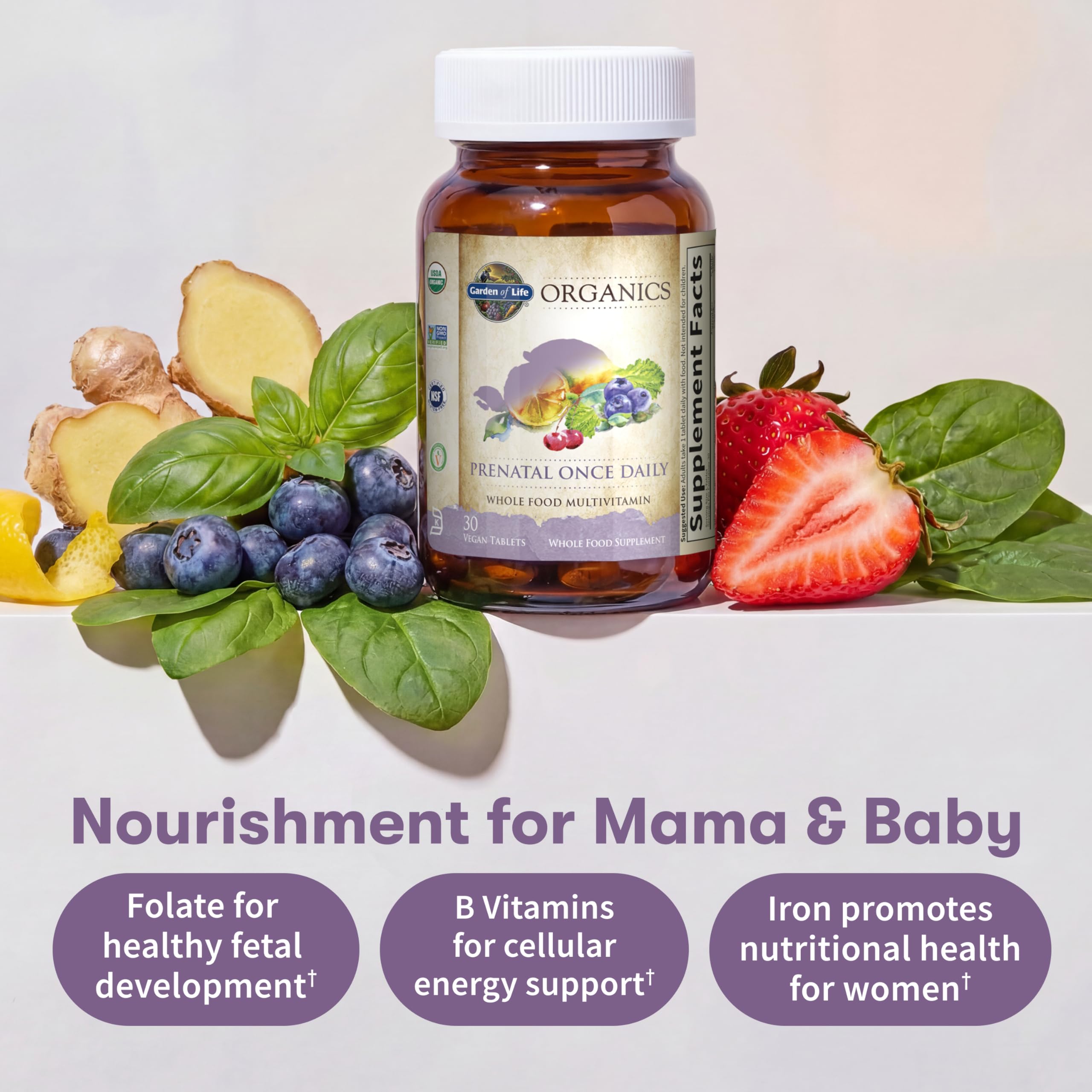 Garden of Life Organics Prenatal bottle with label for easy daily dosing.