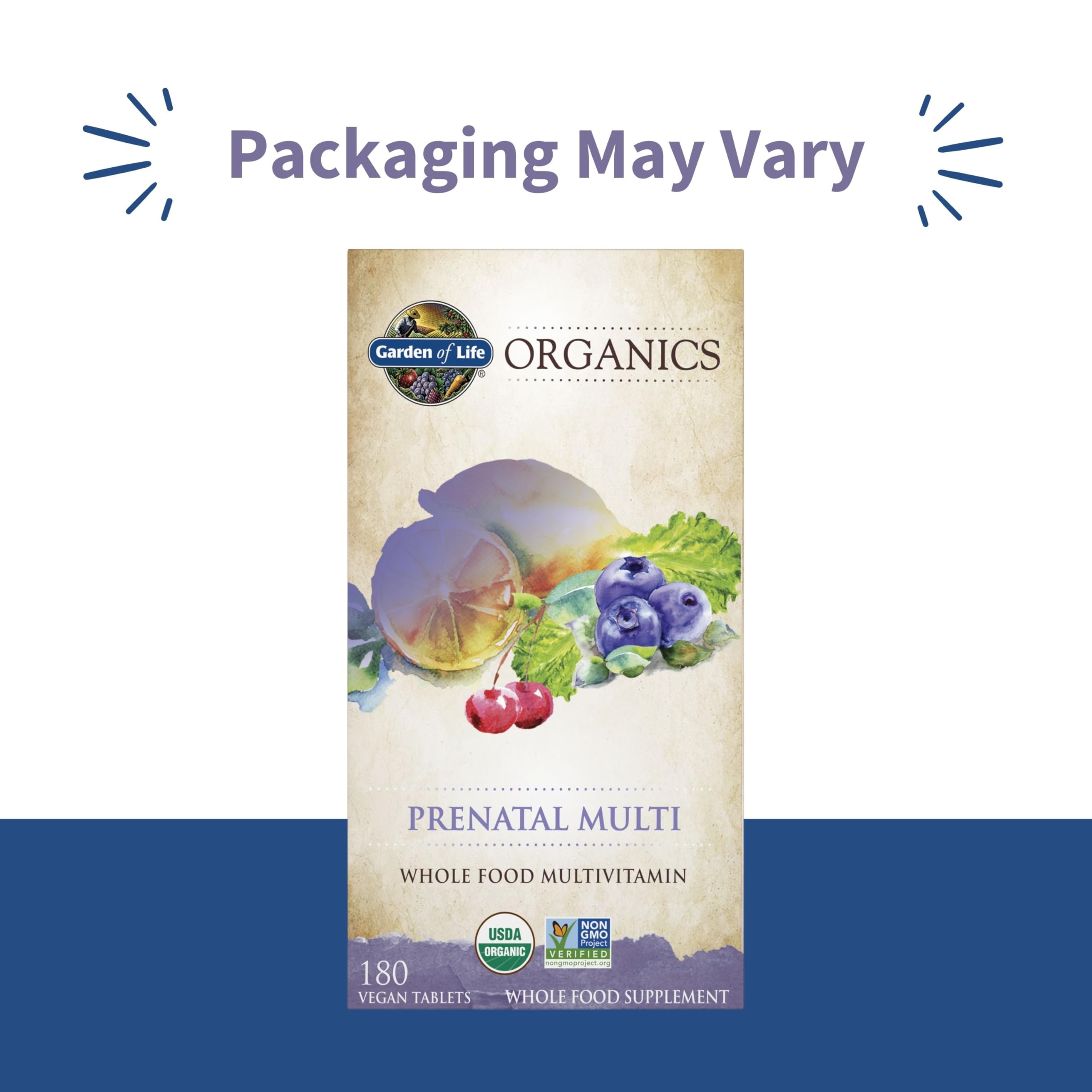 Garden of Life Organics Prenatal bottle on kitchen counter highlighting vegan, organic nutrition for moms.