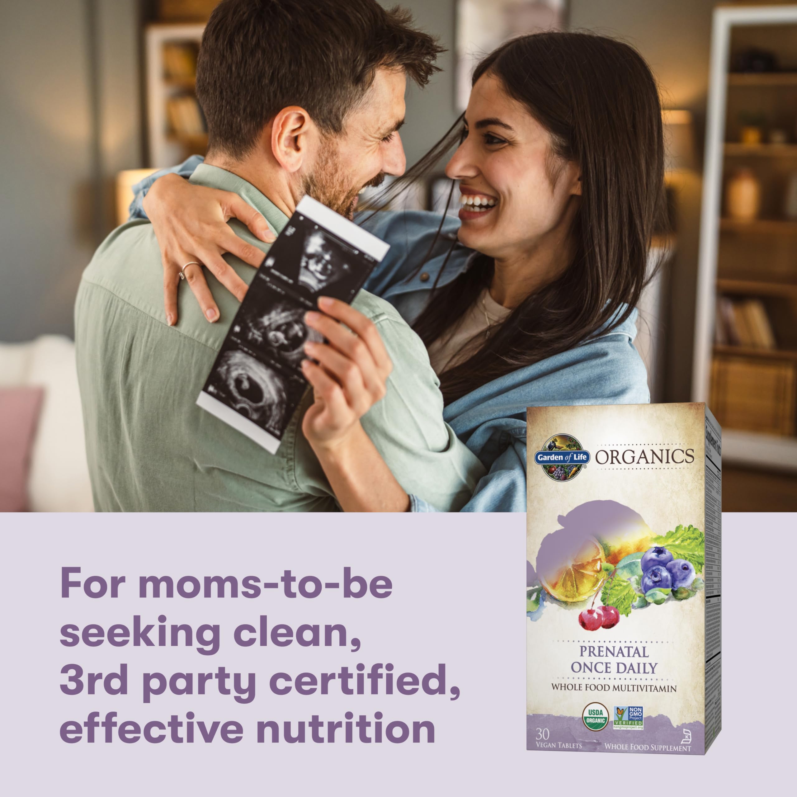 Garden of Life Organics Prenatal carries organic, non-GMO, vegan certifications.