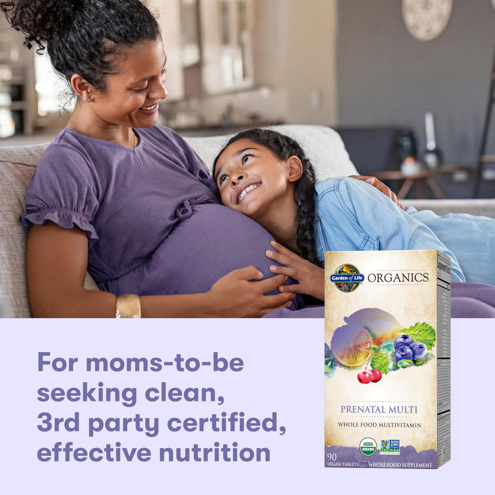 Garden of Life Organics Prenatal certifications include USDA Organic and Non-GMO.