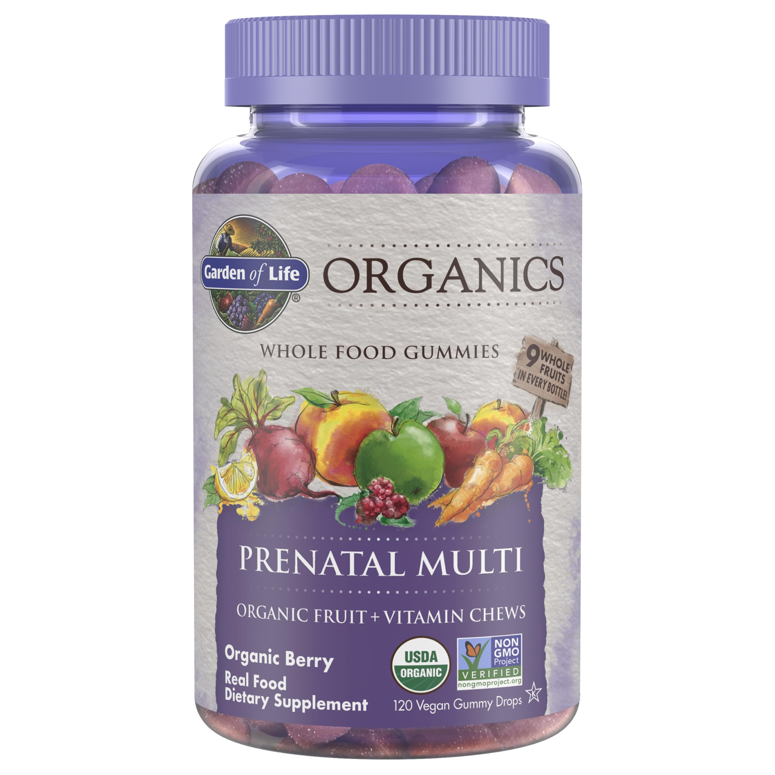 Garden of Life Organics Prenatal Gummies berry bottle supports daily prenatal nutrition.