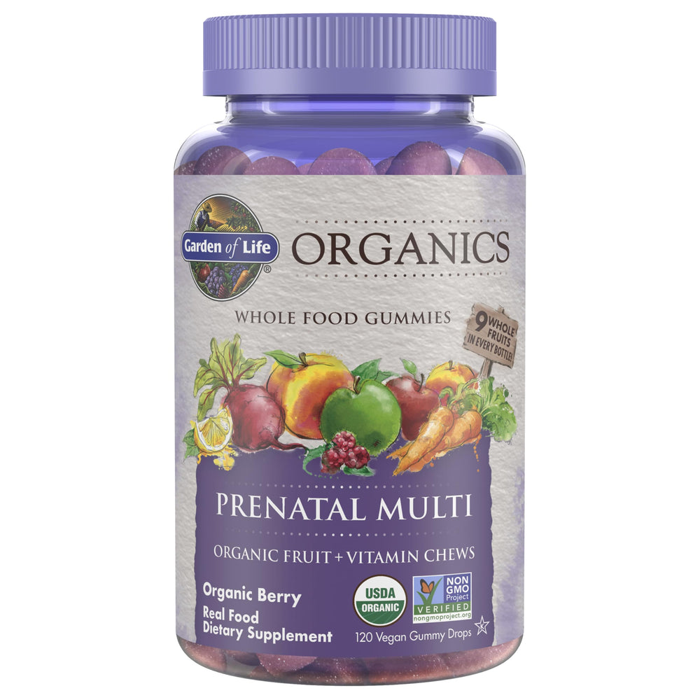 Garden of Life Organics Prenatal Gummies berry bottle supports daily prenatal nutrition.