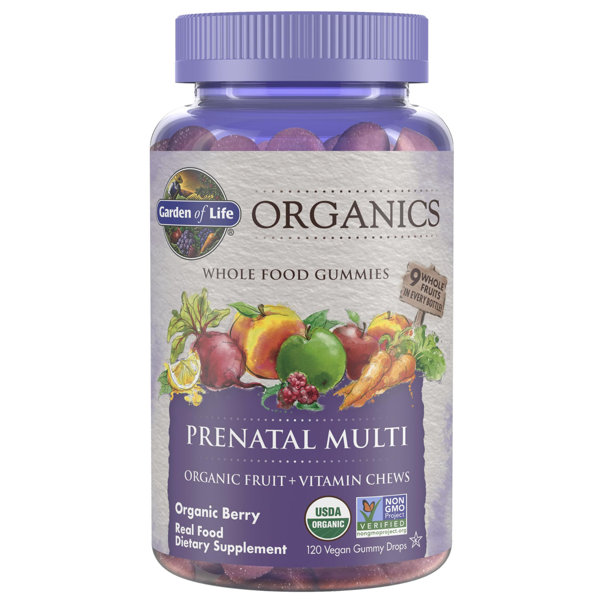 Garden of Life Organics Prenatal Gummies berry bottle supports daily prenatal nutrition.