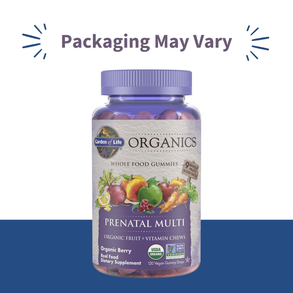 Garden of Life Organics Prenatal Gummies berry serving pour for easy daily intake.