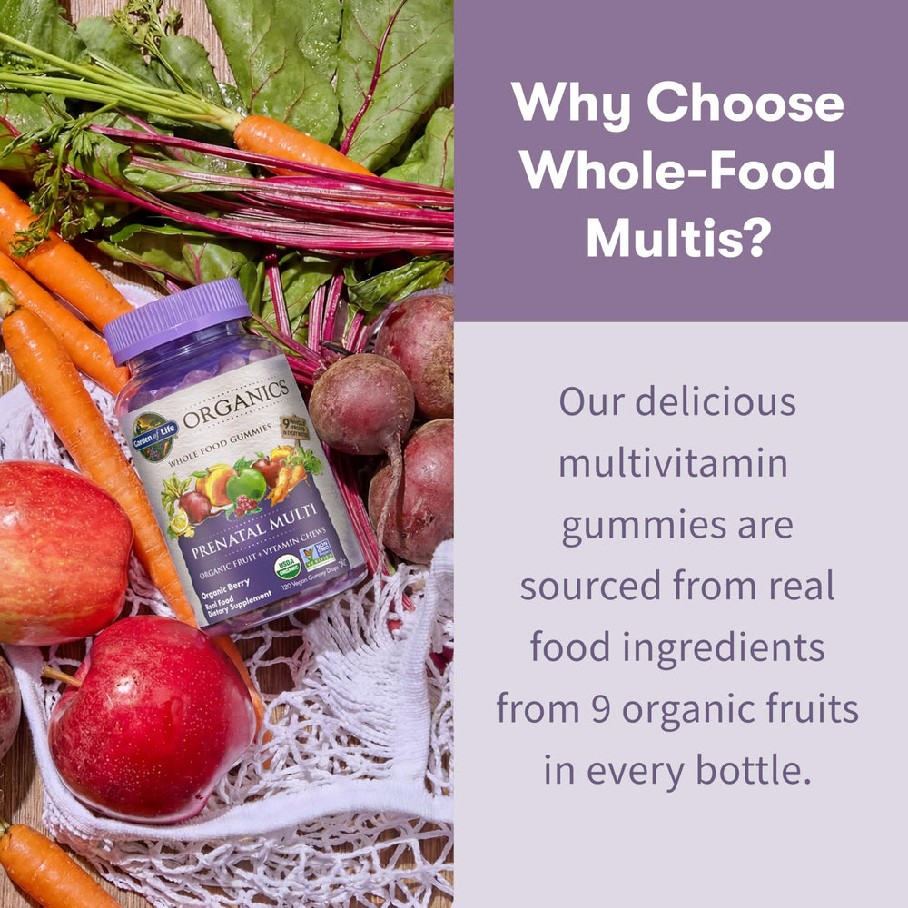 Garden of Life Organics Prenatal Gummies four gummies serve recommended daily amount.