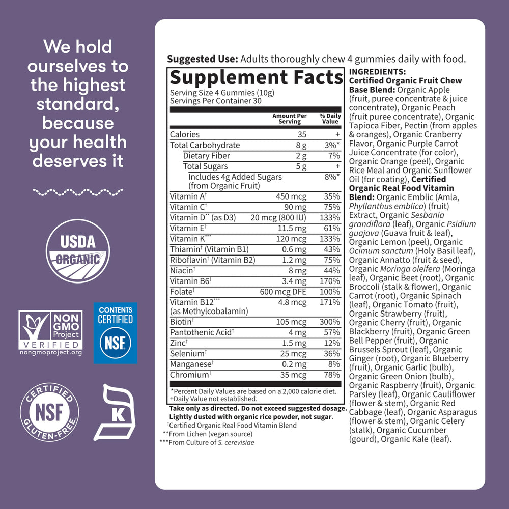 Garden of Life Organics Prenatal Gummies organic fruit sources visible on label.