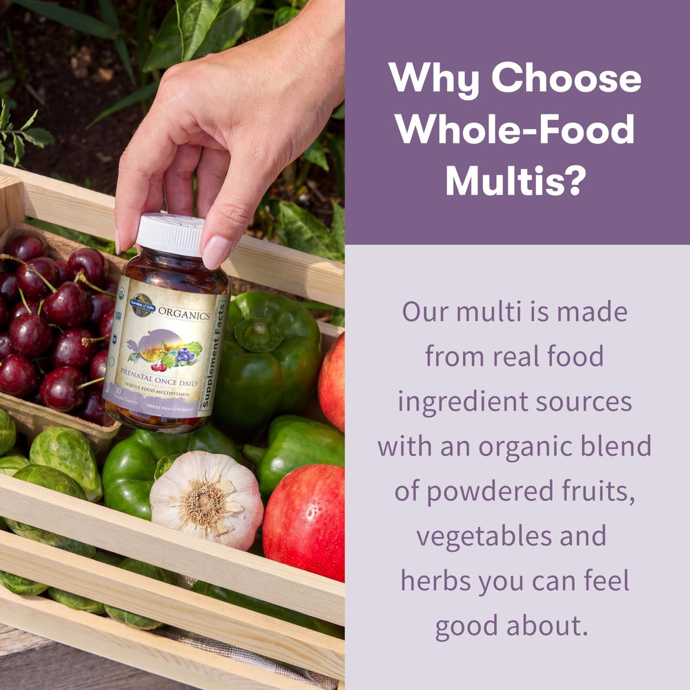 Garden of Life Organics Prenatal provides 18 mg iron for daily prenatal nutrition.