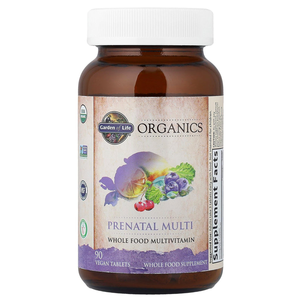 Garden of Life Organics Prenatal label front highlights organic, vegan nutrition.