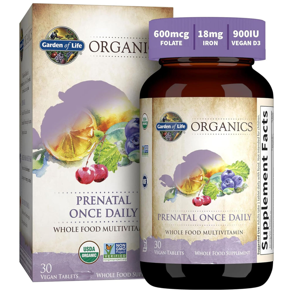 Garden of Life Organics Prenatal Once Daily tablet shown for daily prenatal support.