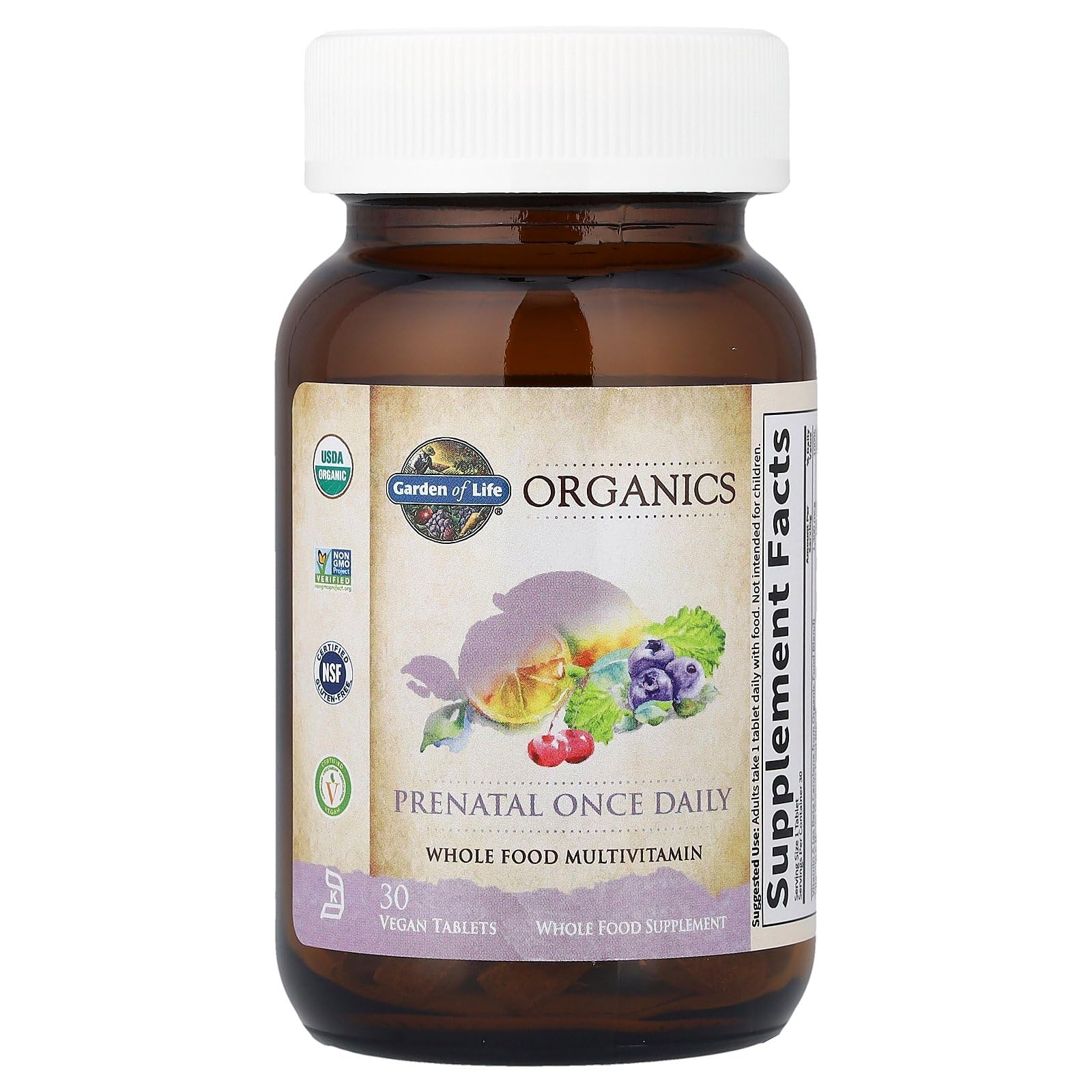 Garden of Life Organics Prenatal 30+ organic fruits, vegetables, and herbs for micronutrients.