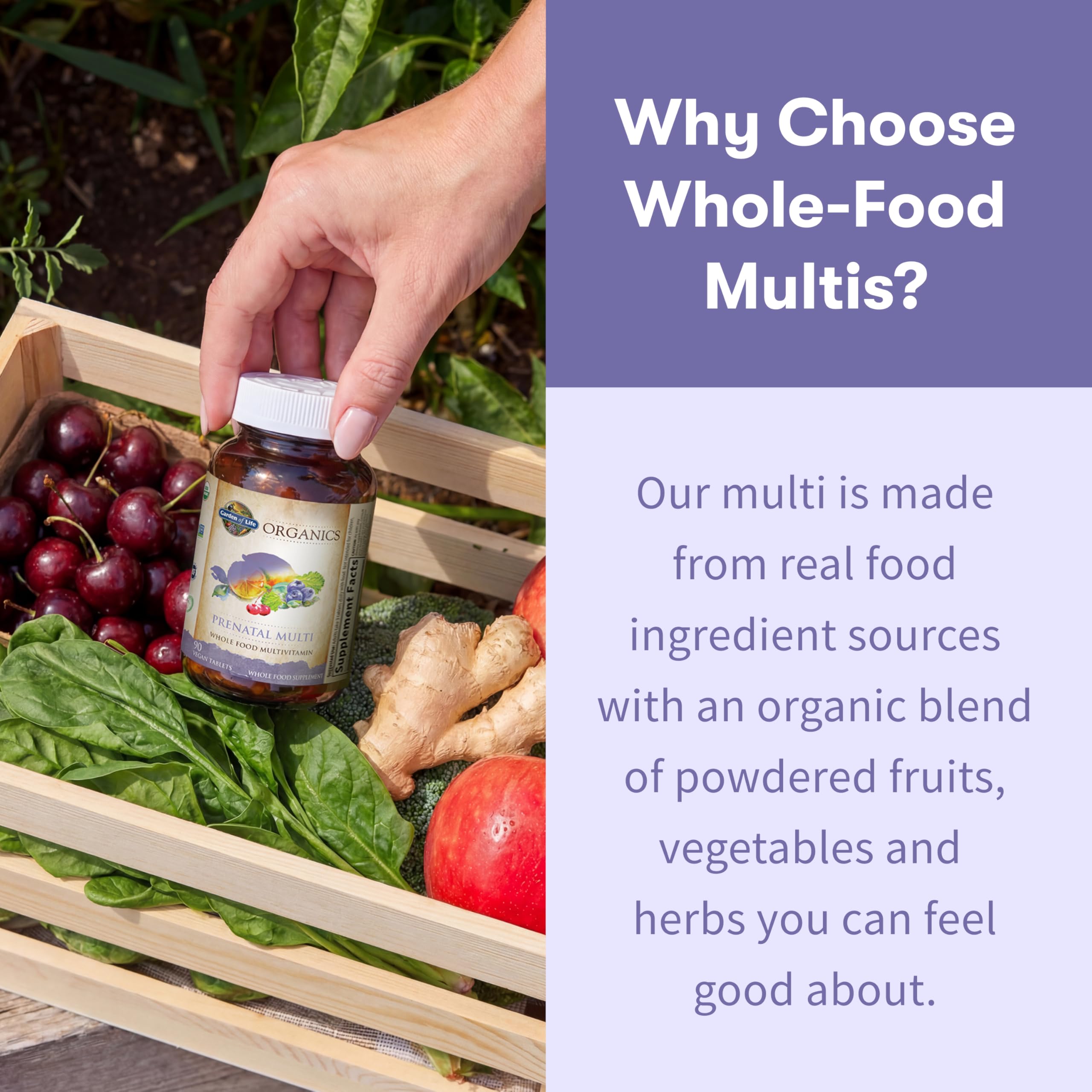 Garden of Life Organics Prenatal organic fruits and vegetables backdrop shows whole-food origin.