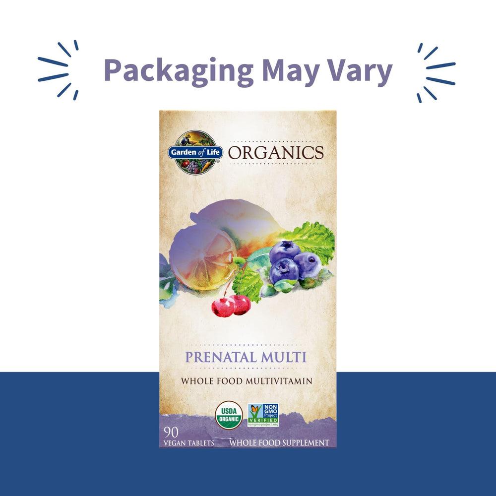 Garden of Life Organics Prenatal tablets in hand for daily prenatal support.