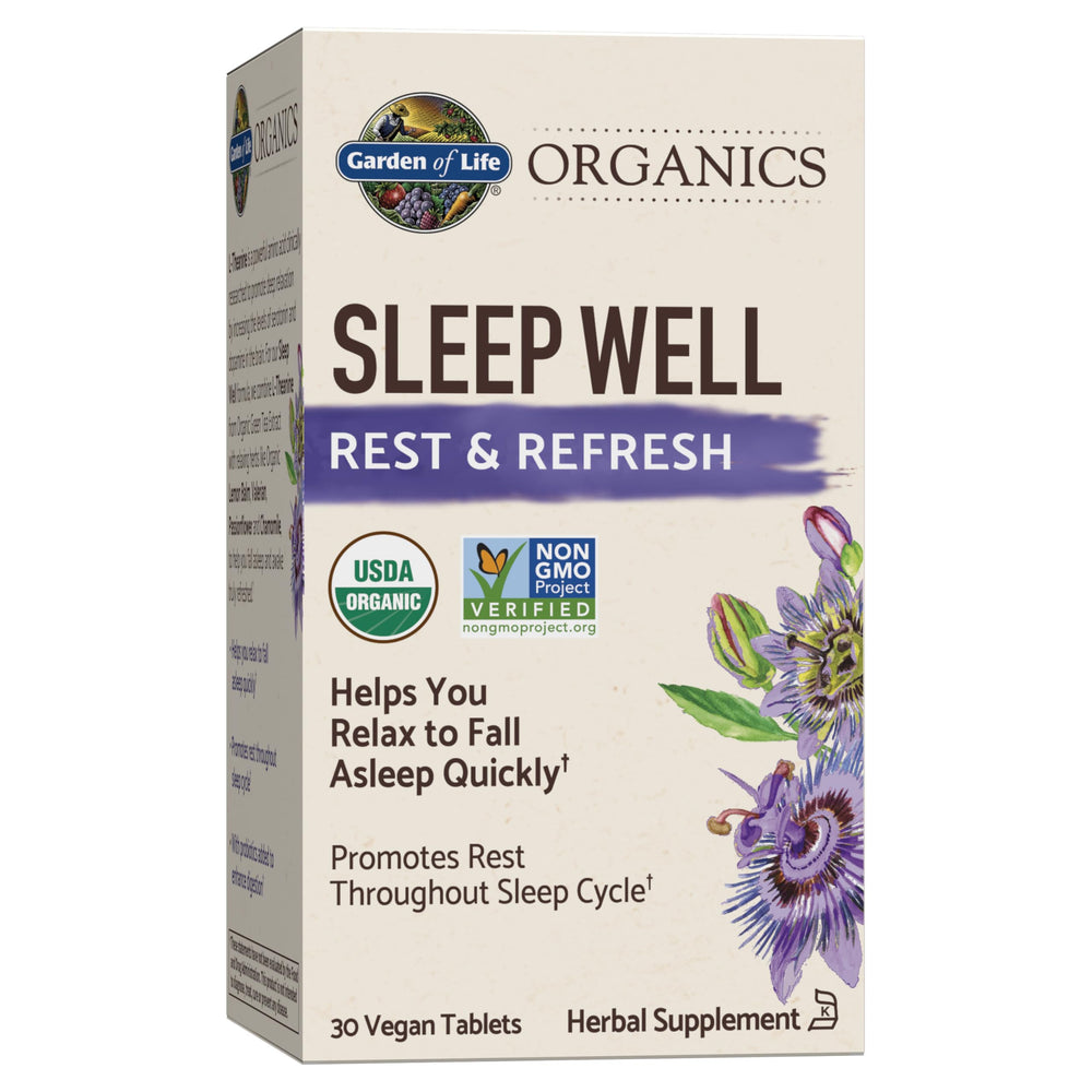 Garden of Life Organics Sleep Well bottle shows organic vegan tablets for nightly relaxation