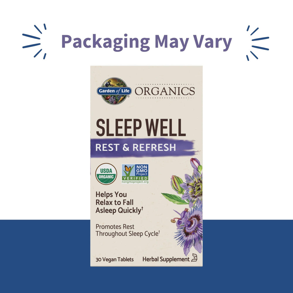 Garden of Life Organics Sleep Well packaging highlights organic, non-GMO, gluten-free credentials