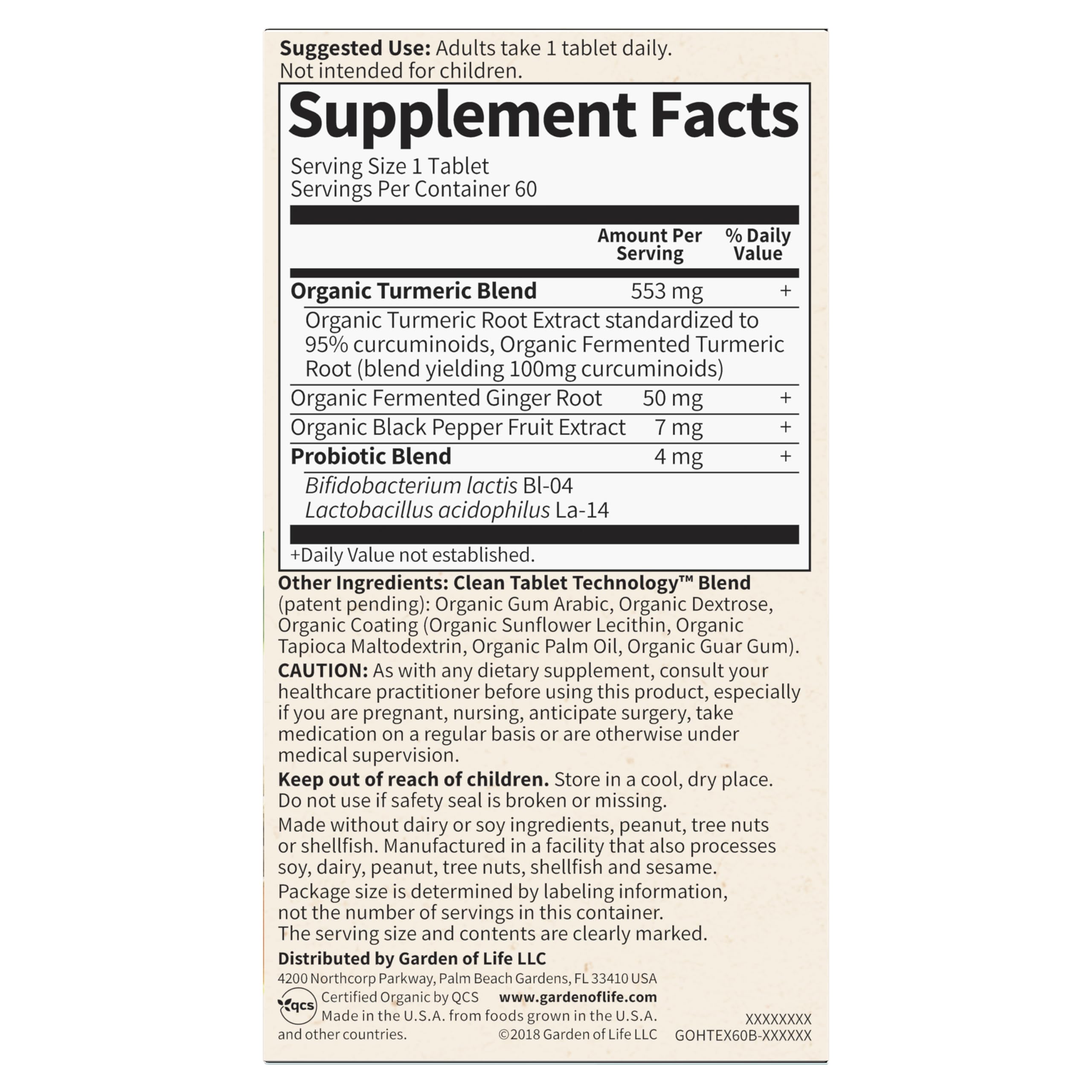 Garden of Life Organics back label close-up with usage directions