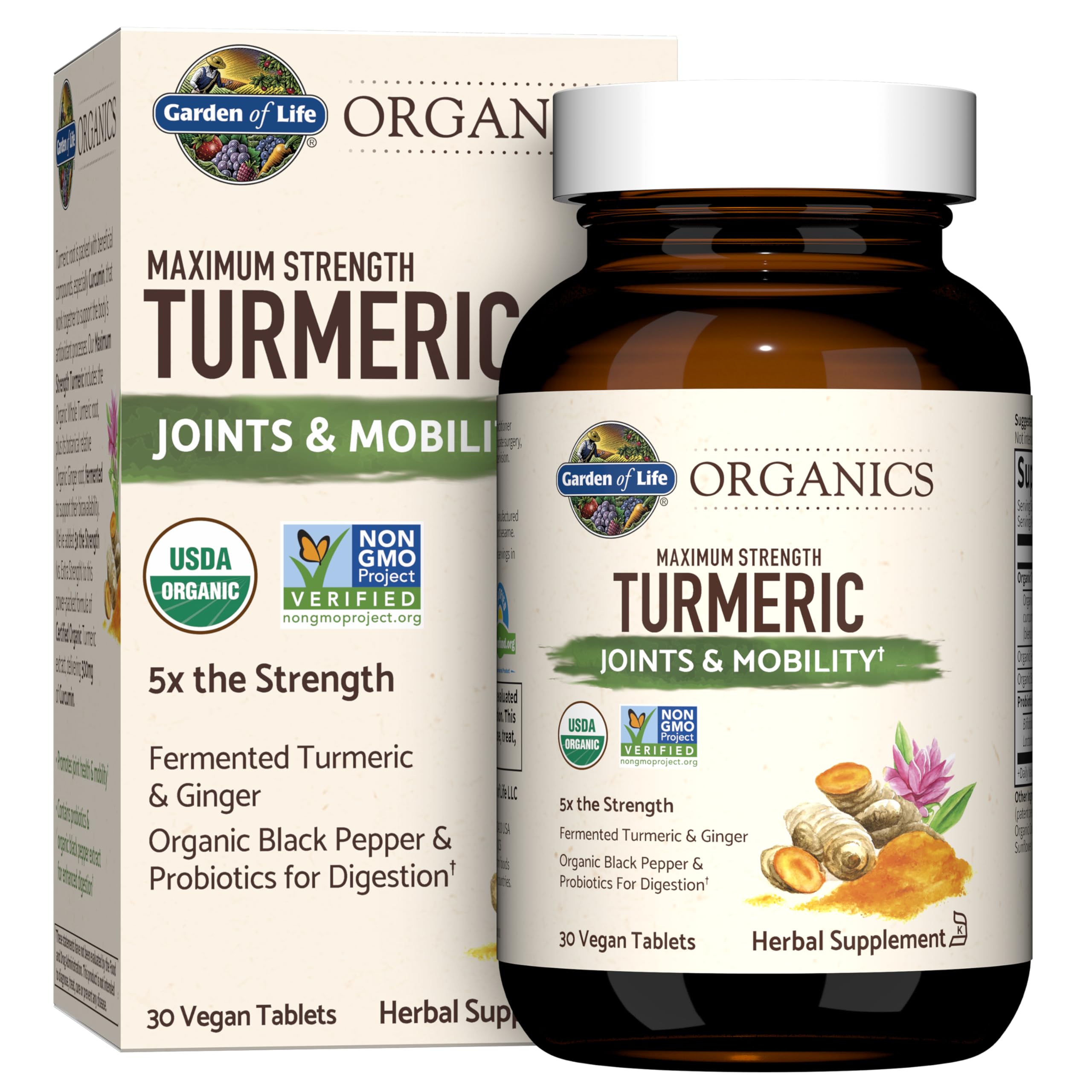 Garden of Life Organics Turmeric bottle front with 30 tablets and 500mg curcumin for joint support