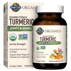 Garden of Life Organics Turmeric bottle front with 30 tablets and 500mg curcumin for joint support