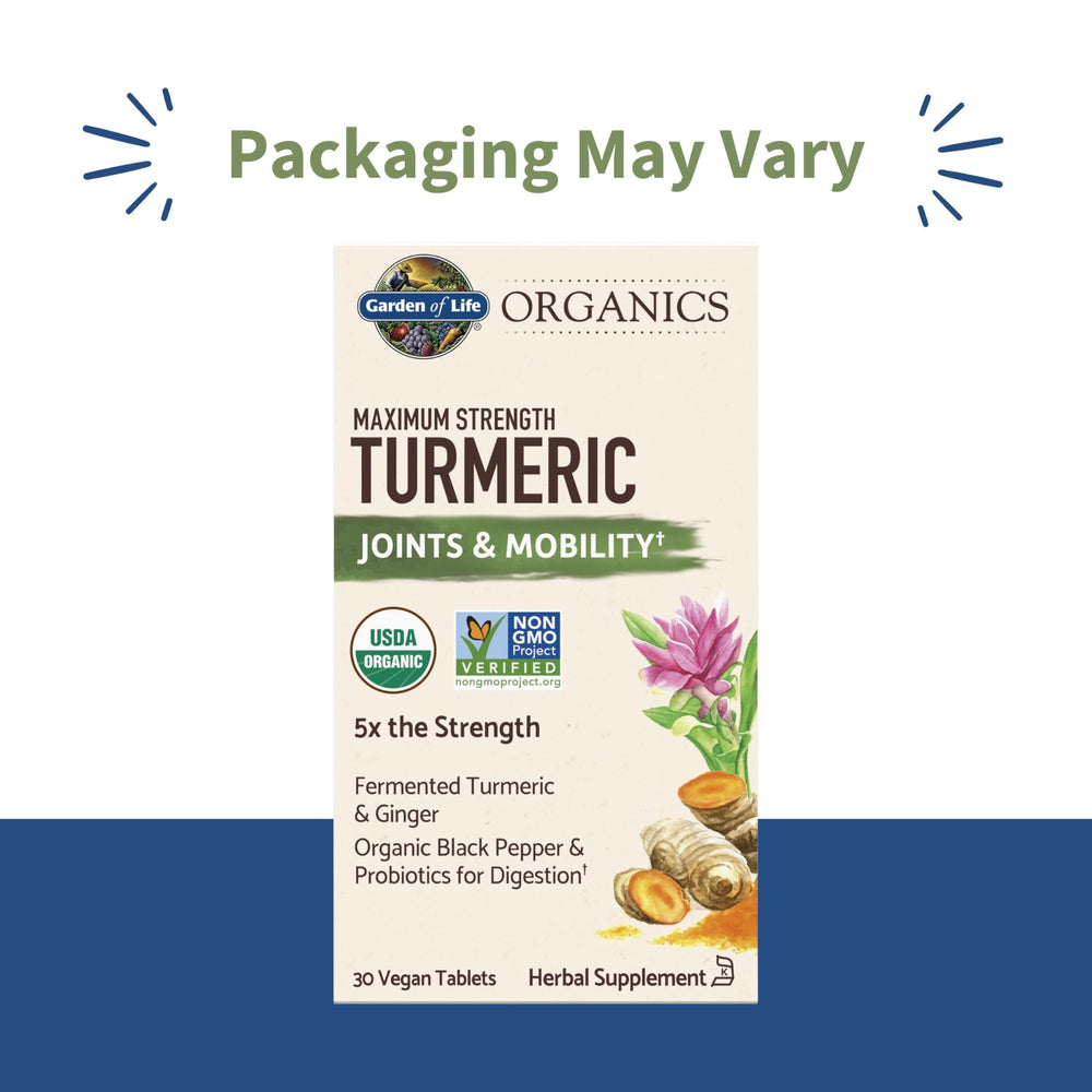 Garden of Life Organics Turmeric bottle label closeup showing organic certifications and curcumin potency