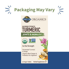 Garden of Life Organics Turmeric bottle label closeup showing organic certifications and curcumin potency