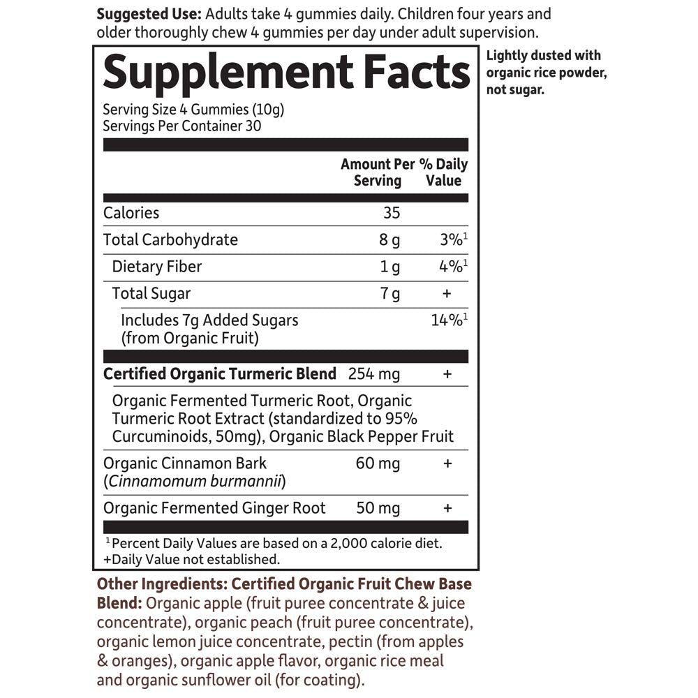 Garden of Life Organics Turmeric Inflammatory Response Gummy label highlights 50 mg curcumin