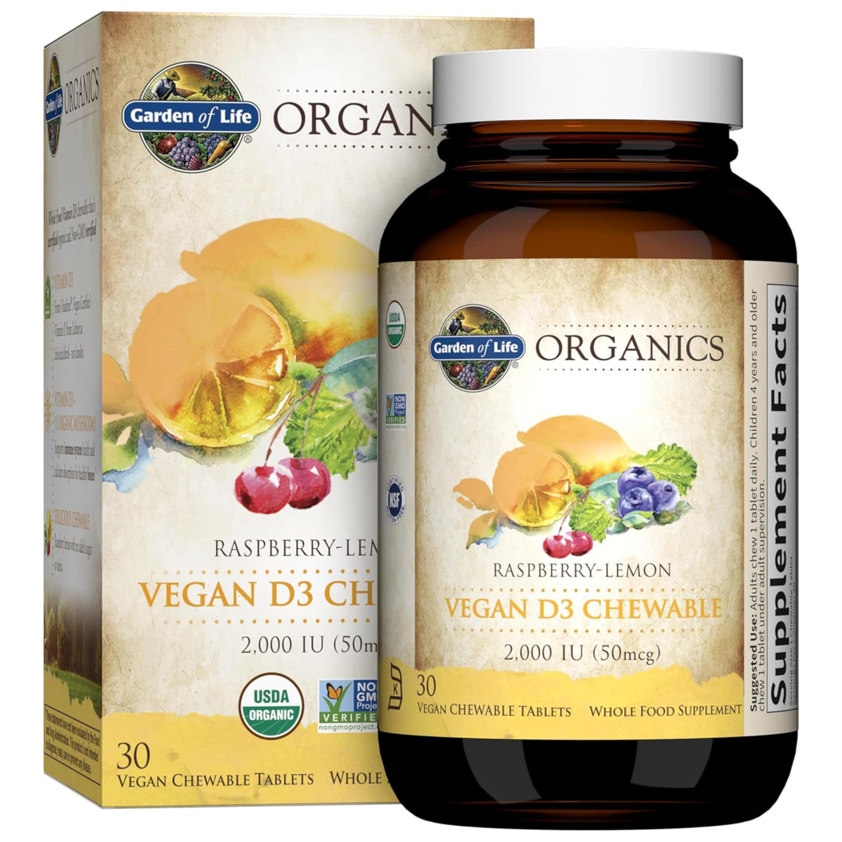 Garden of Life Organics Vegan Vitamin D3 chewables bottle in raspberry-lemon flavor supports daily immune balance