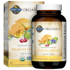 Garden of Life Organics Vegan Vitamin D3 chewables bottle in raspberry-lemon flavor supports daily immune balance