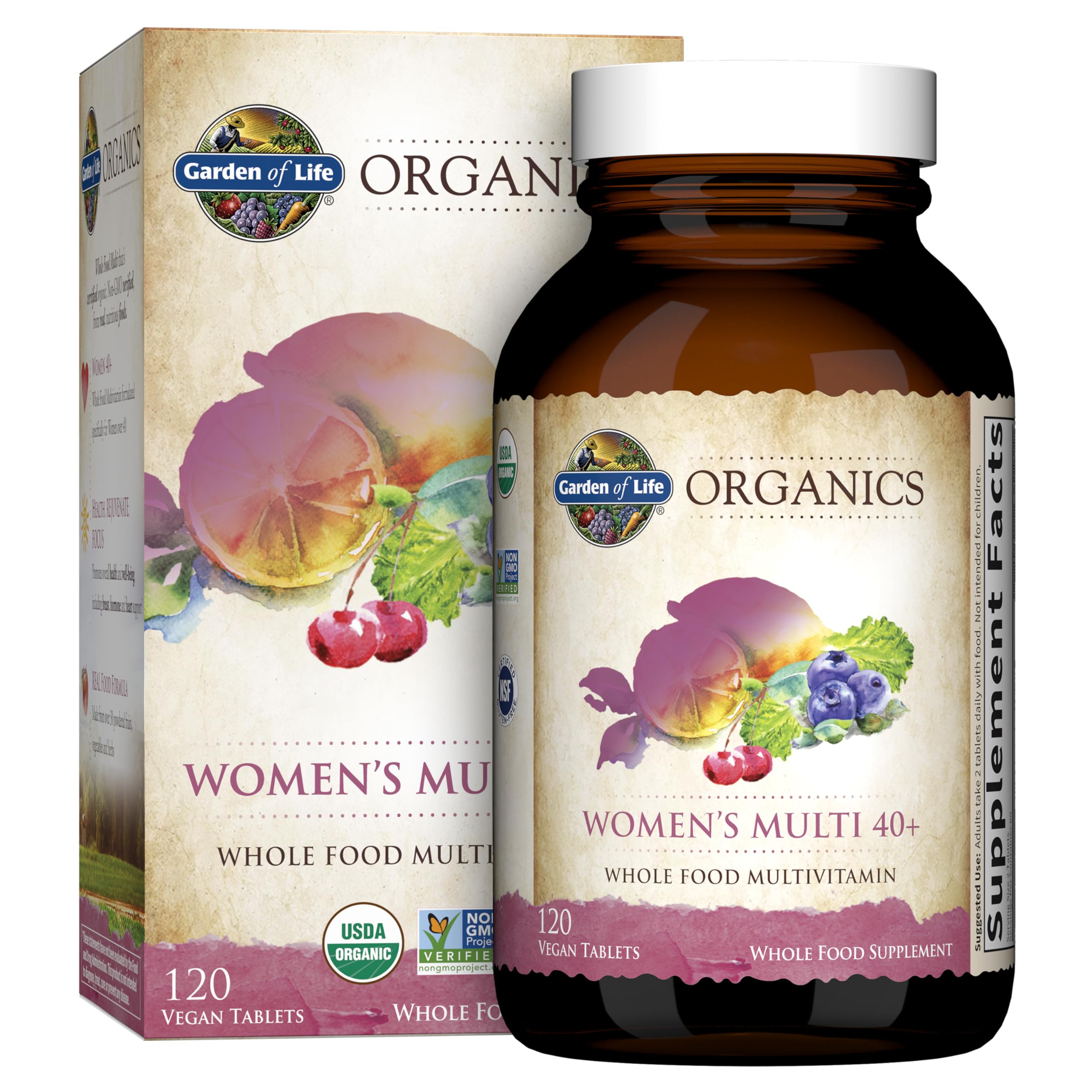 Garden of Life Organics Women 40+ bottle front view boosts daily wellness.